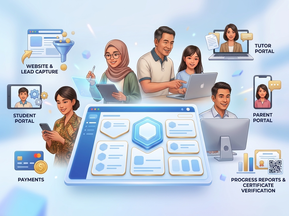 Dashboard EduNexia untuk manajemen LMS, siswa, tutor, pembayaran, dan laporan belajar